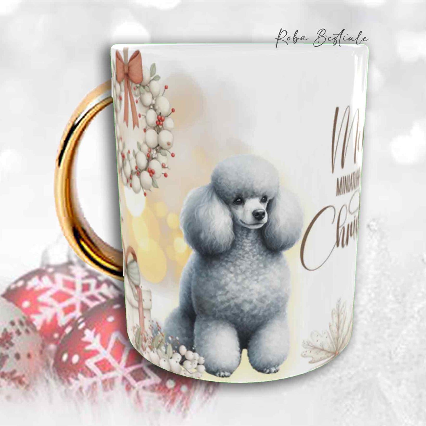 Tazza COZY WINTER - BARBONE Nano Grigio Argento - In Ceramica, con manico color Oro - 330 ml