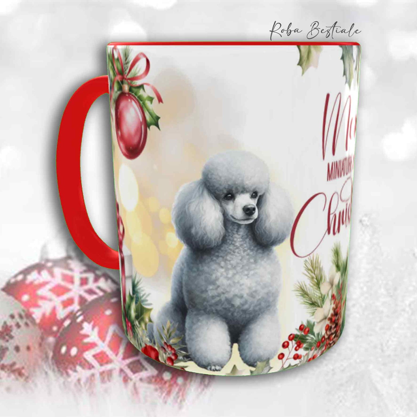 Tazza VINTAGE WINTER - BARBONE Nano Grigio Argento - In Ceramica, con dettagli Rossi - 330 ml