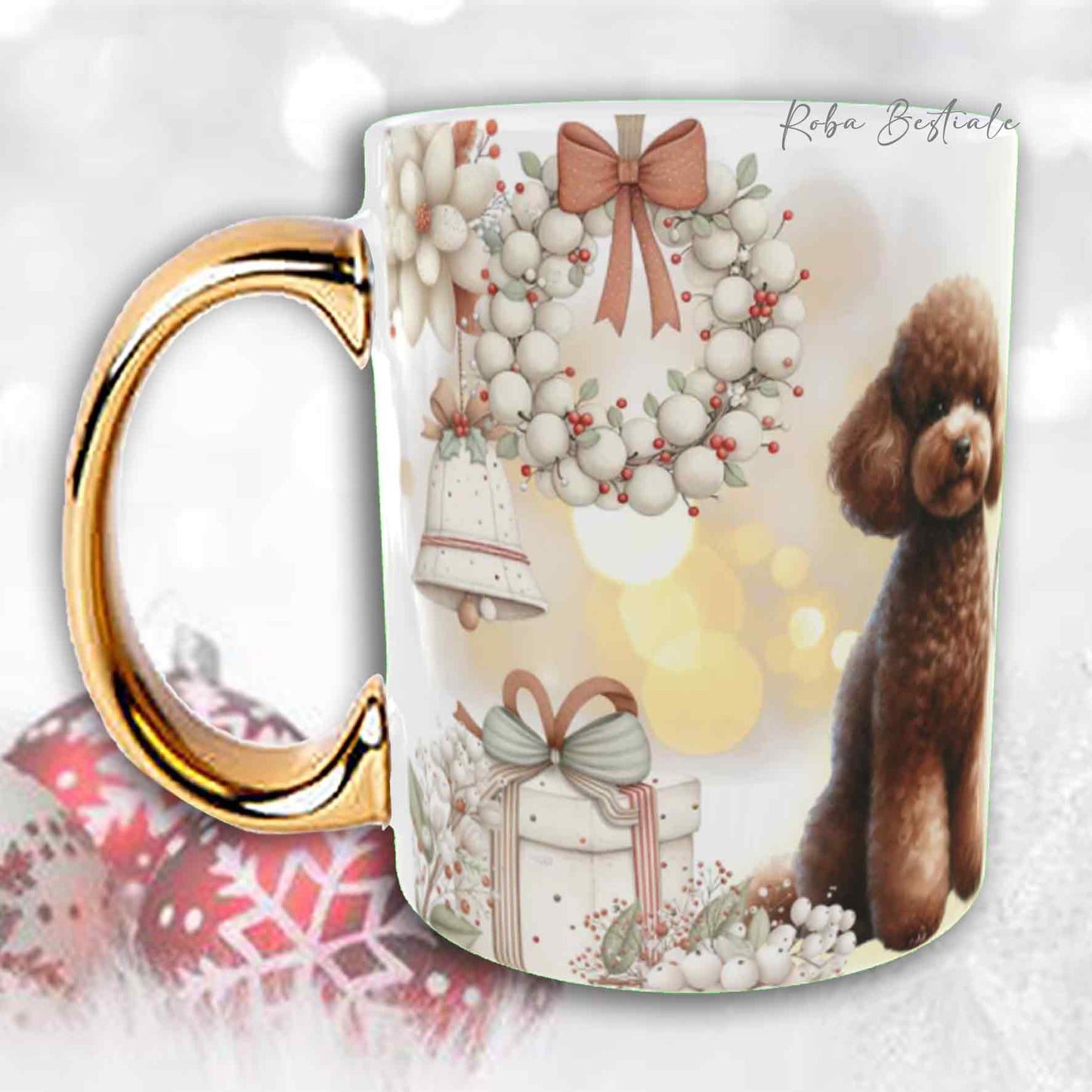 Tazza COZY WINTER - BARBONE Nano Marrone - In Ceramica, con manico color Oro - 330 ml