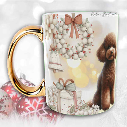 Tazza COZY WINTER - BARBONE Nano Marrone - In Ceramica, con manico color Oro - 330 ml