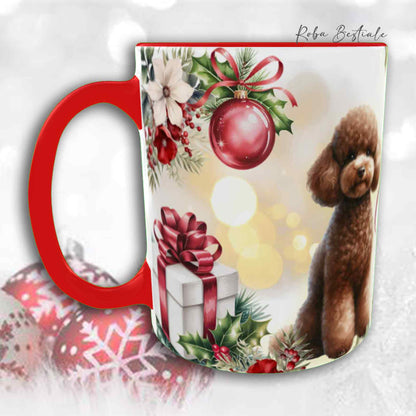 Tazza VINTAGE WINTER - BARBONE Nano Marrone - In Ceramica, con dettagli Rossi - 330 ml