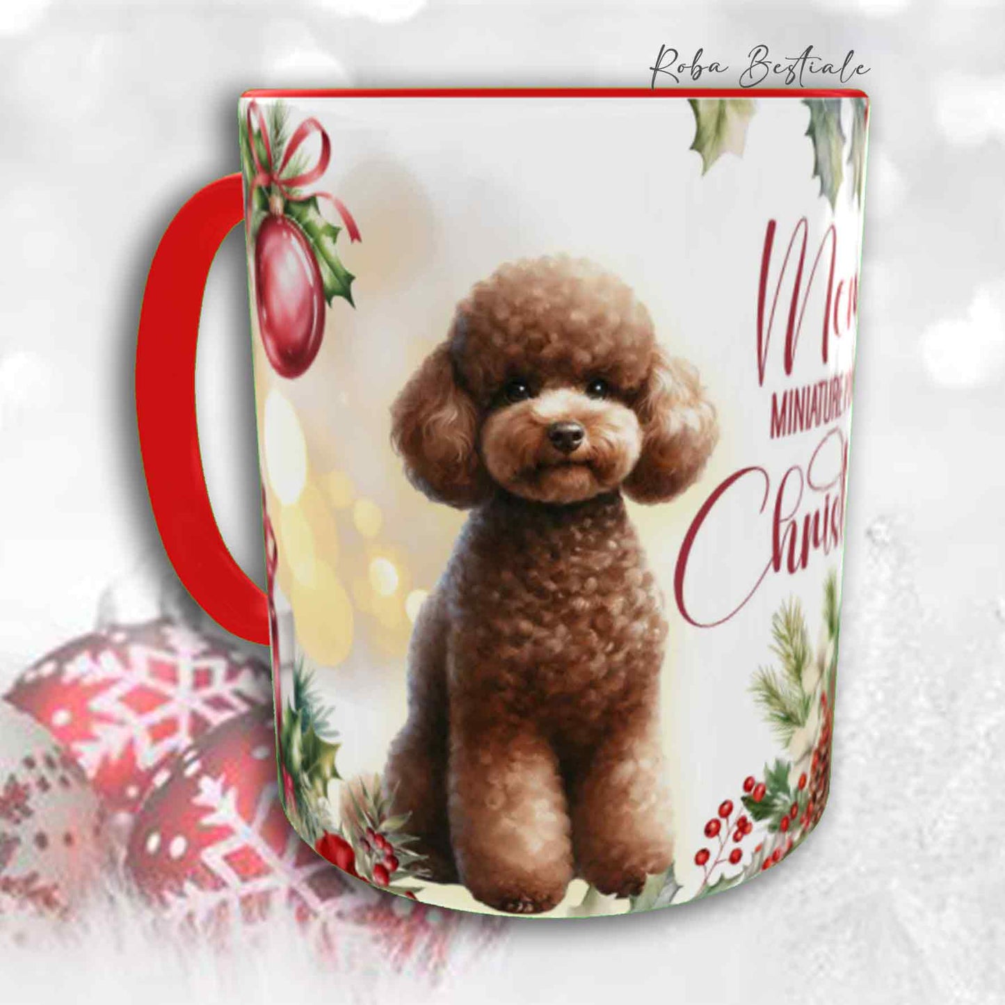 Tazza VINTAGE WINTER - BARBONE Nano Marrone - In Ceramica, con dettagli Rossi - 330 ml