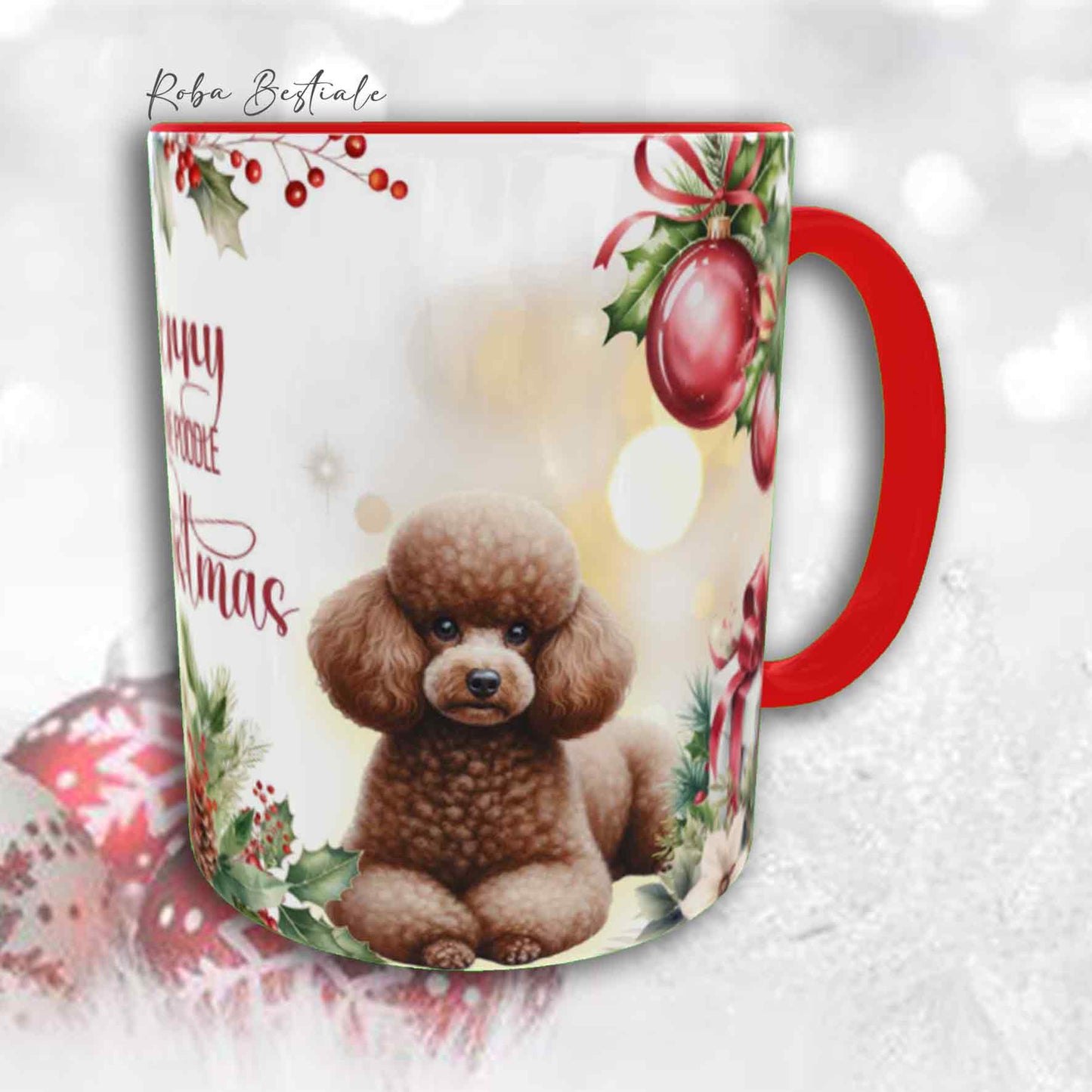 Tazza VINTAGE WINTER - BARBONE Nano Marrone - In Ceramica, con dettagli Rossi - 330 ml