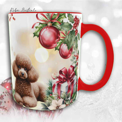 Tazza VINTAGE WINTER - BARBONE Nano Marrone - In Ceramica, con dettagli Rossi - 330 ml