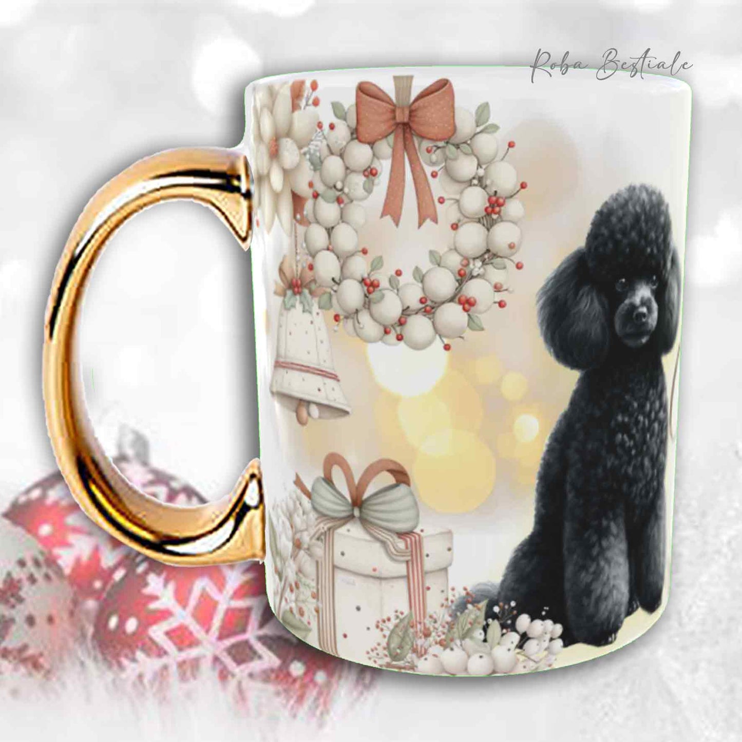 Tazza COZY WINTER - BARBONE Nano Nero - In Ceramica, con manico color Oro - 330 ml