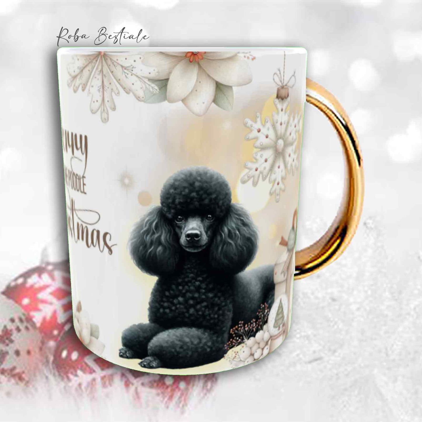 Tazza COZY WINTER - BARBONE Nano Nero - In Ceramica, con manico color Oro - 330 ml