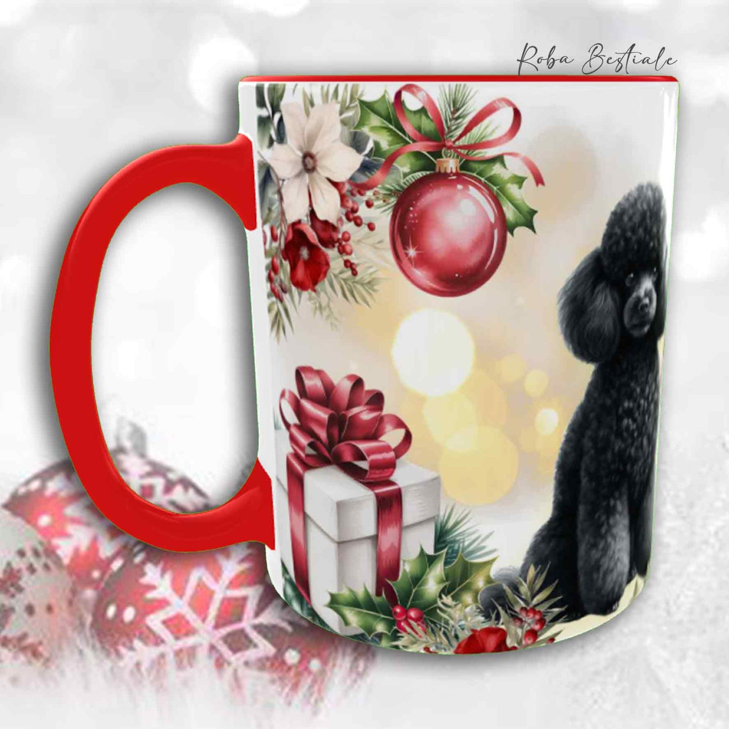 Tazza VINTAGE WINTER - BARBONE Nano Nero - In Ceramica, con dettagli Rossi - 330 ml