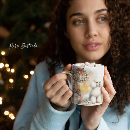 Tazza COZY WINTER - BARBONE Toy Bianco - In Ceramica, con manico color Oro - 330 ml