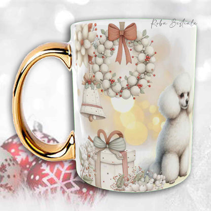 Tazza COZY WINTER - BARBONE Toy Bianco - In Ceramica, con manico color Oro - 330 ml