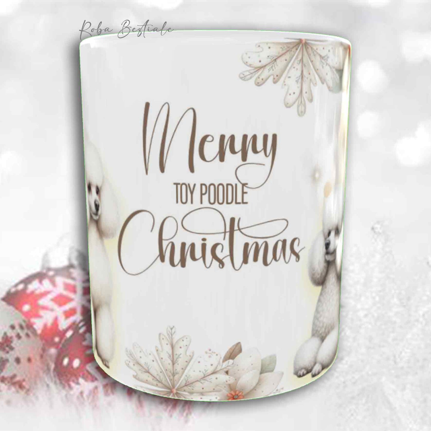 Tazza COZY WINTER - BARBONE Toy Bianco - In Ceramica, con manico color Oro - 330 ml