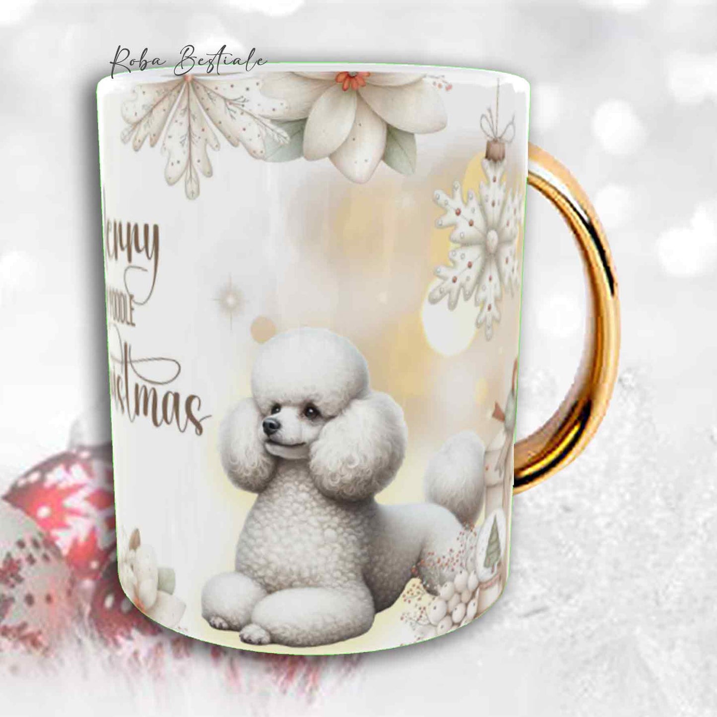 Tazza COZY WINTER - BARBONE Toy Bianco - In Ceramica, con manico color Oro - 330 ml
