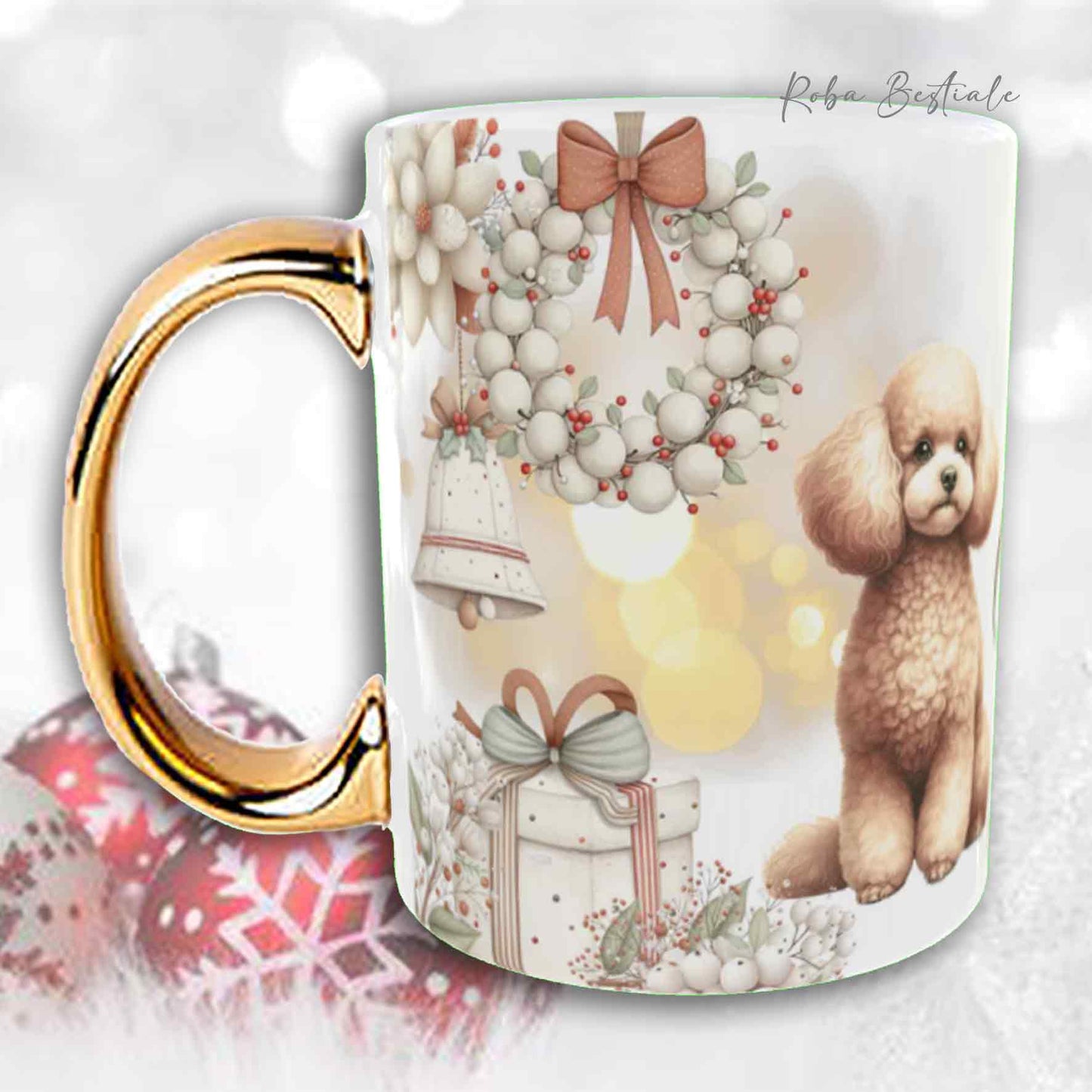 Tazza COZY WINTER - BARBONE Toy Fulvo - In Ceramica, con manico color Oro - 330 ml