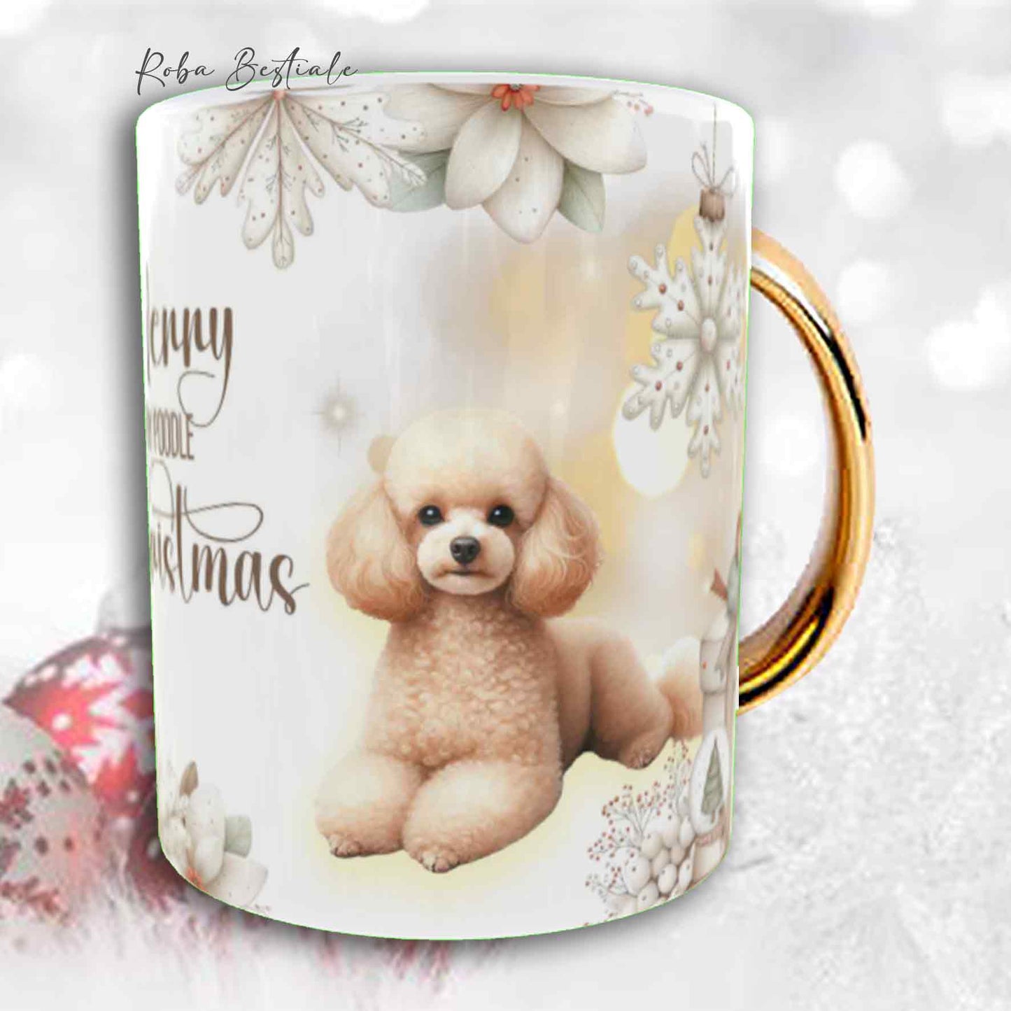 Tazza COZY WINTER - BARBONE Toy Fulvo - In Ceramica, con manico color Oro - 330 ml