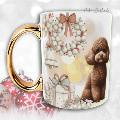 Tazza COZY WINTER - BARBONE Toy Marrone - In Ceramica, con manico color Oro - 330 ml