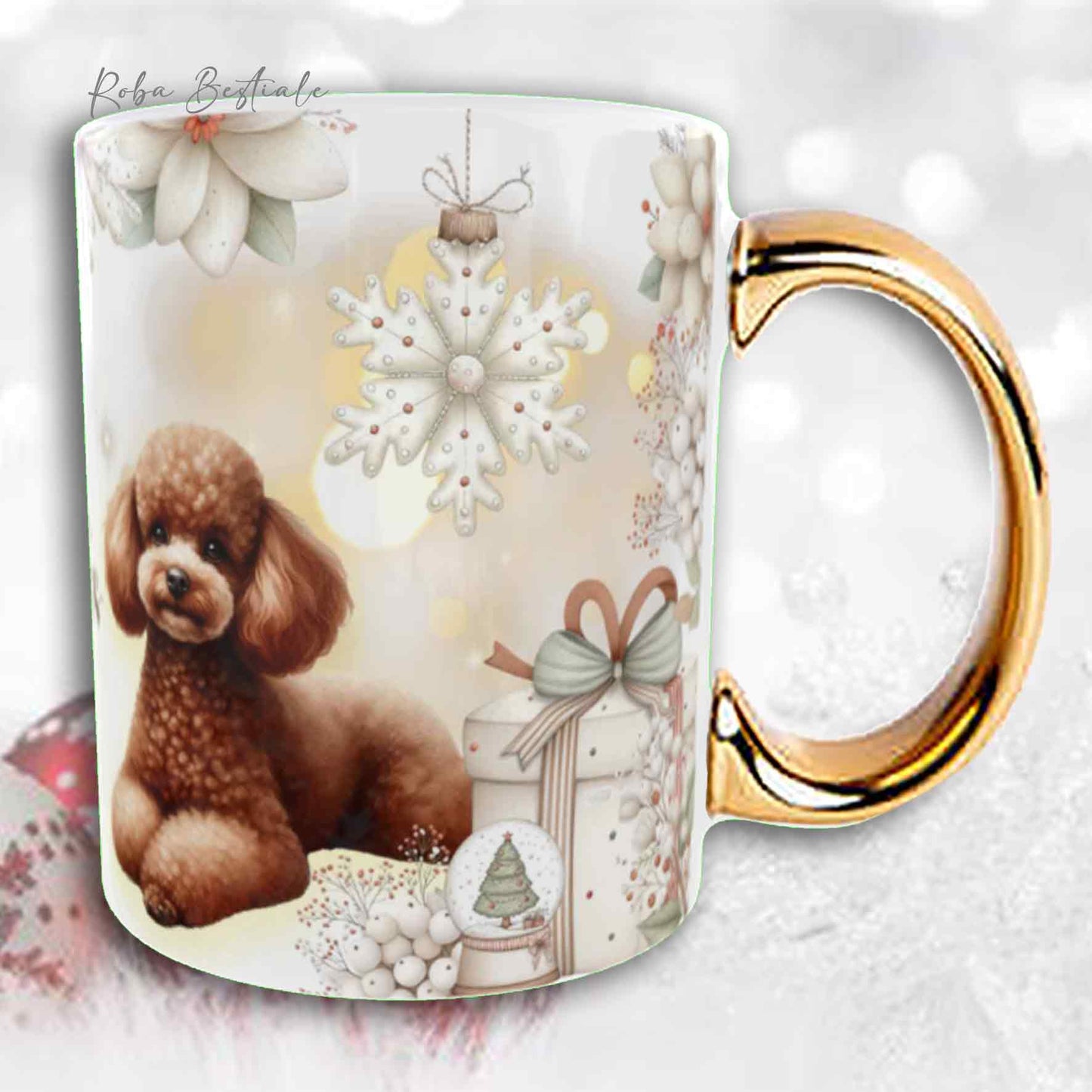 Tazza COZY WINTER - BARBONE Toy Marrone - In Ceramica, con manico color Oro - 330 ml
