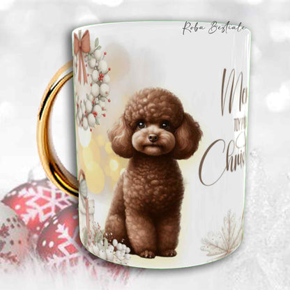 Tazza COZY WINTER - BARBONE Toy Marrone - In Ceramica, con manico color Oro - 330 ml