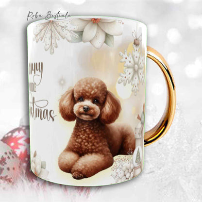 Tazza COZY WINTER - BARBONE Toy Marrone - In Ceramica, con manico color Oro - 330 ml