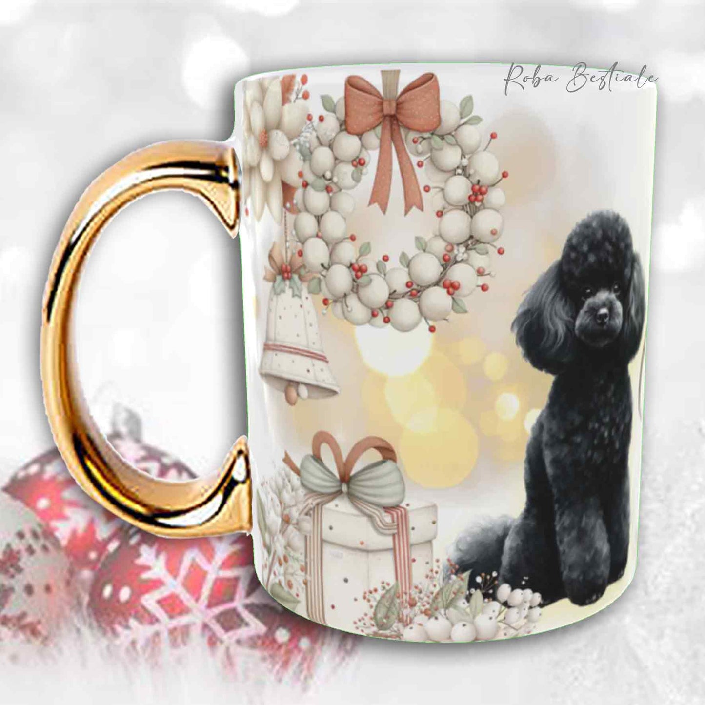 Tazza COZY WINTER - BARBONE Toy Nero - In Ceramica, con manico color Oro - 330 ml