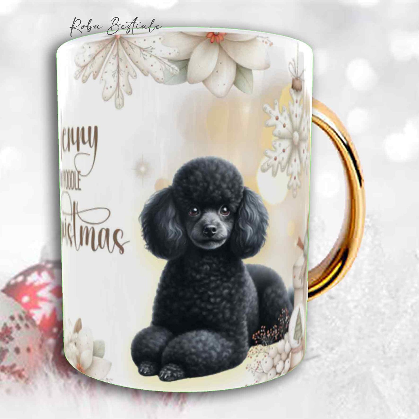 Tazza COZY WINTER - BARBONE Toy Nero - In Ceramica, con manico color Oro - 330 ml