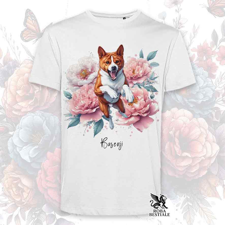 T-Shirt PEONY - BASENJI Red and White - White or Beige, Men's or Women's - from XS to 5XL