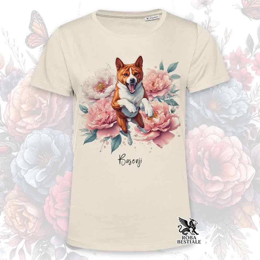 T-Shirt PEONY - BASENJI Red and White - White or Beige, Men's or Women's - from XS to 5XL