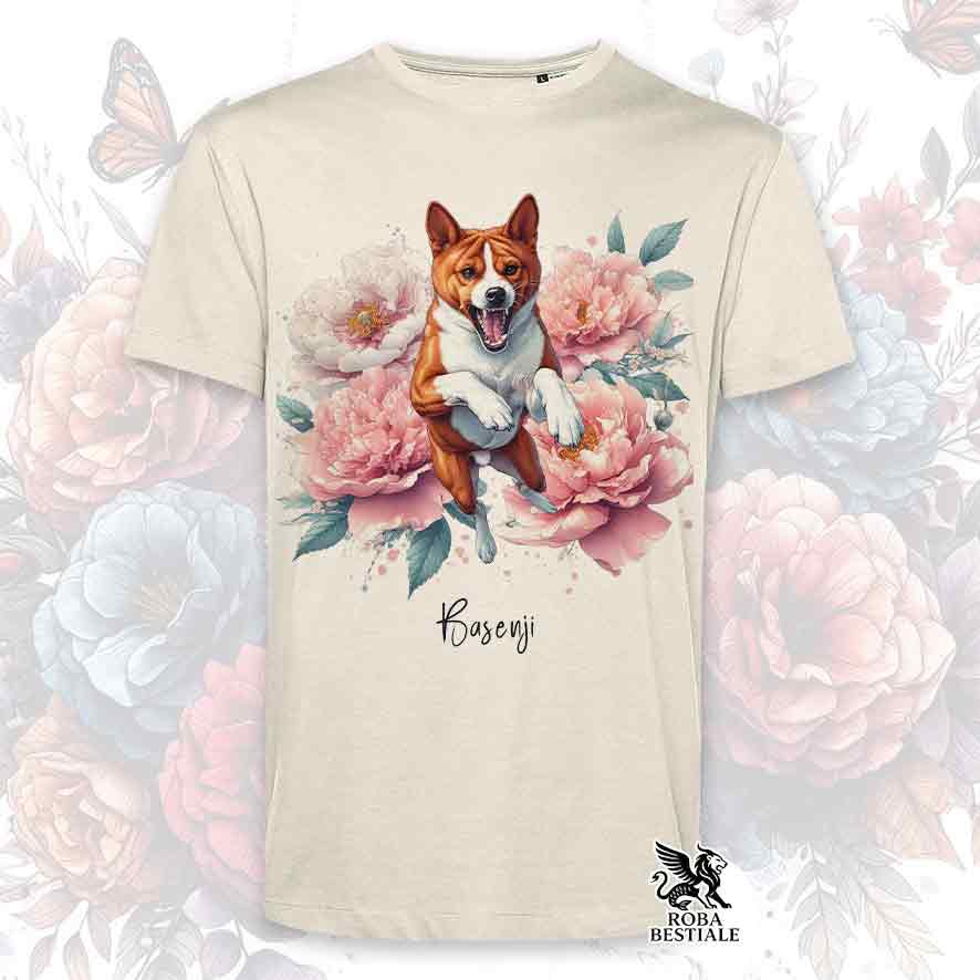 T-Shirt PEONY - BASENJI Red and White - White or Beige, Men's or Women's - from XS to 5XL