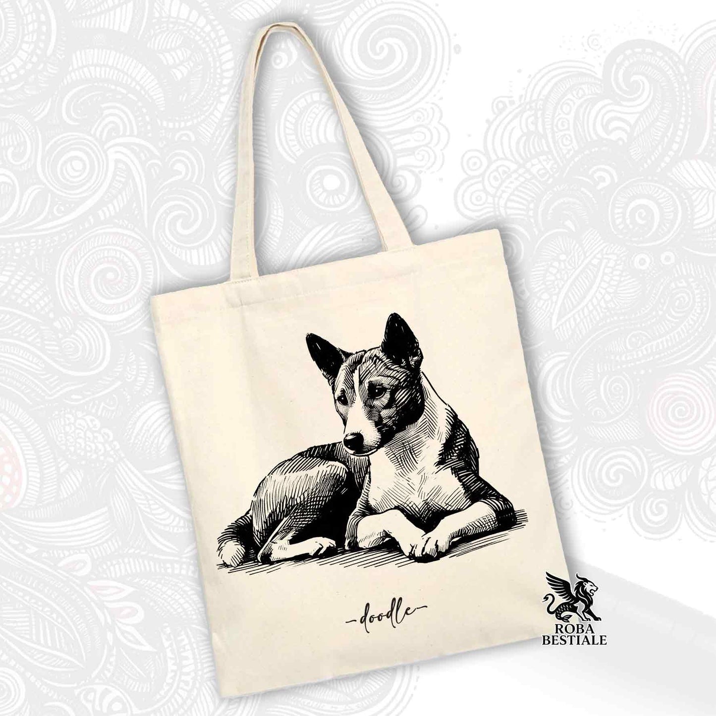 Tote Bag DOODLE - BASENJI - 100% Cotone - Bianca o Beige