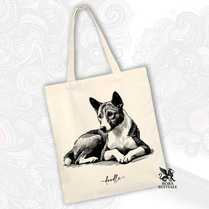 Tote Bag DOODLE - BASENJI - 100% Cotone - Bianca o Beige