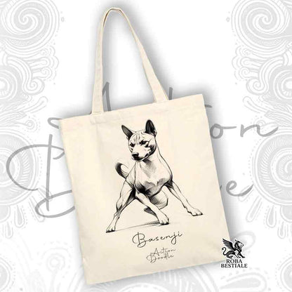 Tote Bag ACTION DOODLE - BASENJI - 100% Cotone - Bianca o Beige