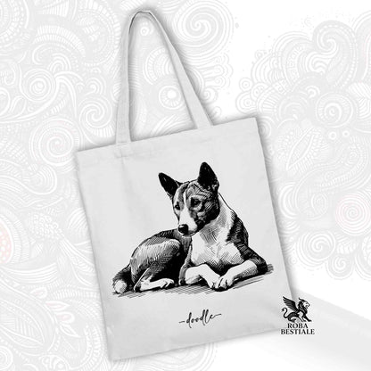 Tote Bag DOODLE - BASENJI - 100% Cotone - Bianca o Beige