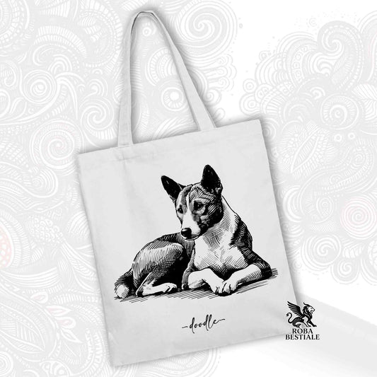 Tote Bag DOODLE - BASENJI - 100% Cotone - Bianca o Beige