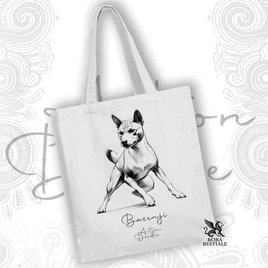 Tote Bag ACTION DOODLE - BASENJI - 100% Cotone - Bianca o Beige