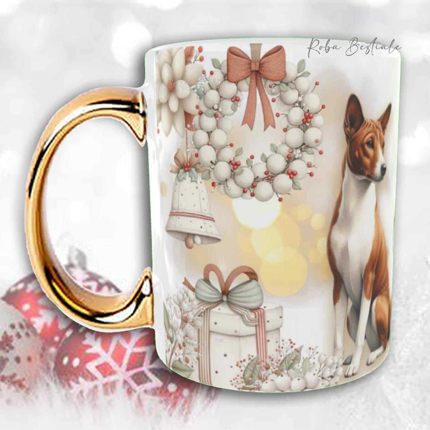 Tazza COZY WINTER - BASENJI - In Ceramica, con manico color Oro - 330 ml