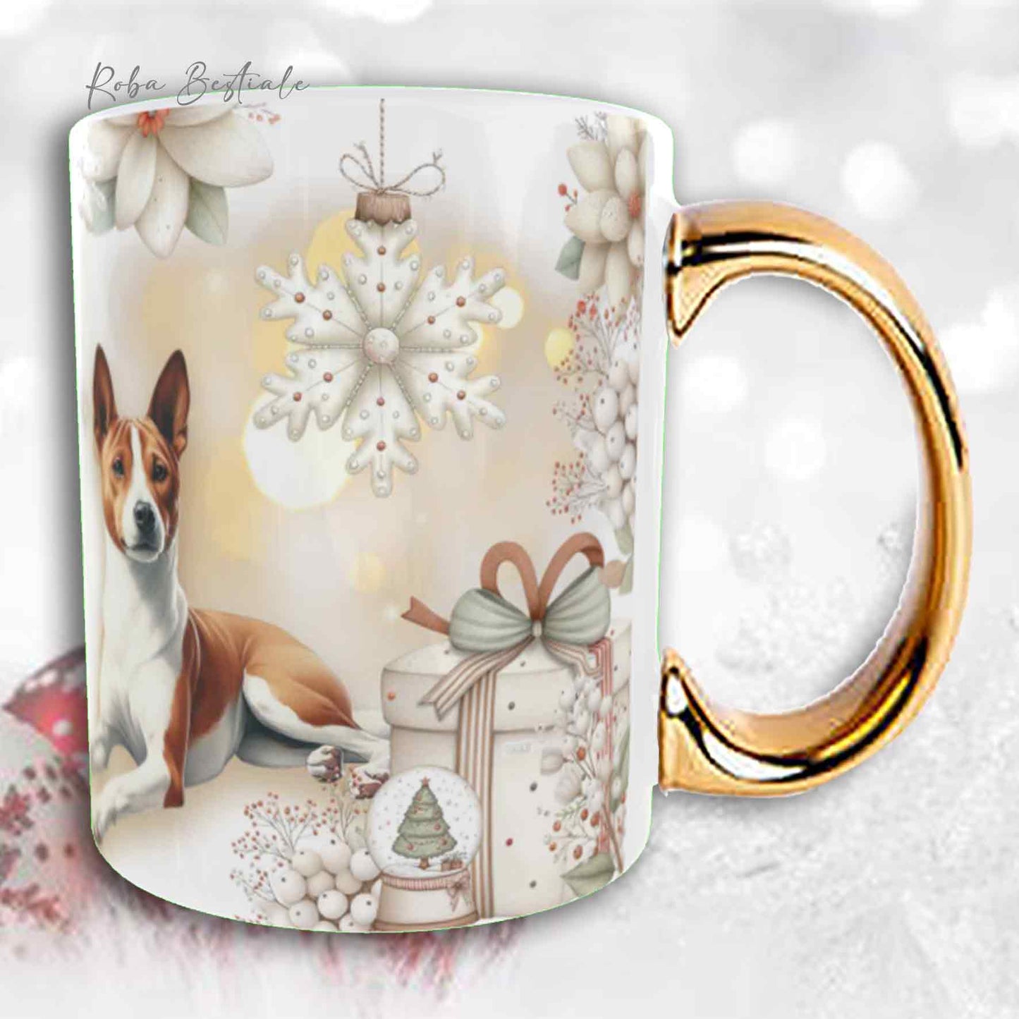 Tazza COZY WINTER - BASENJI - In Ceramica, con manico color Oro - 330 ml