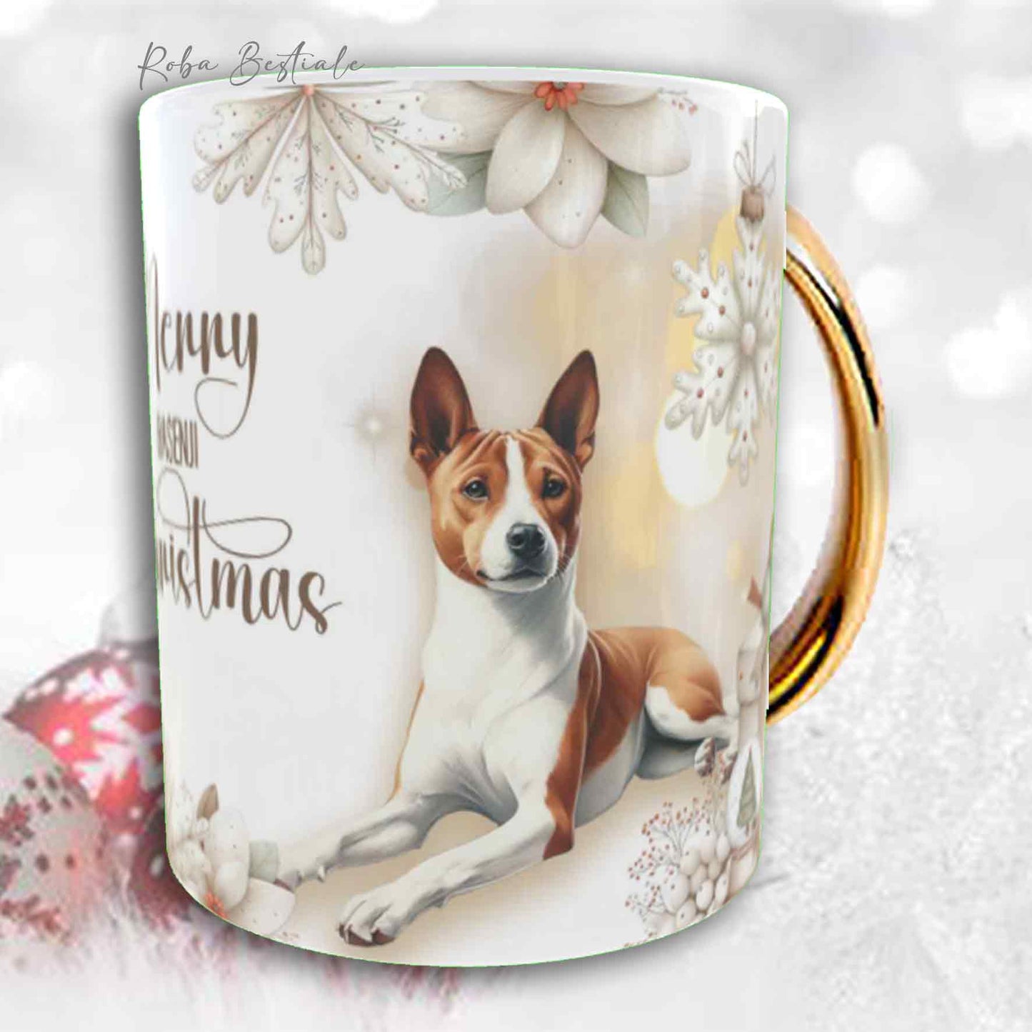 Tazza COZY WINTER - BASENJI - In Ceramica, con manico color Oro - 330 ml