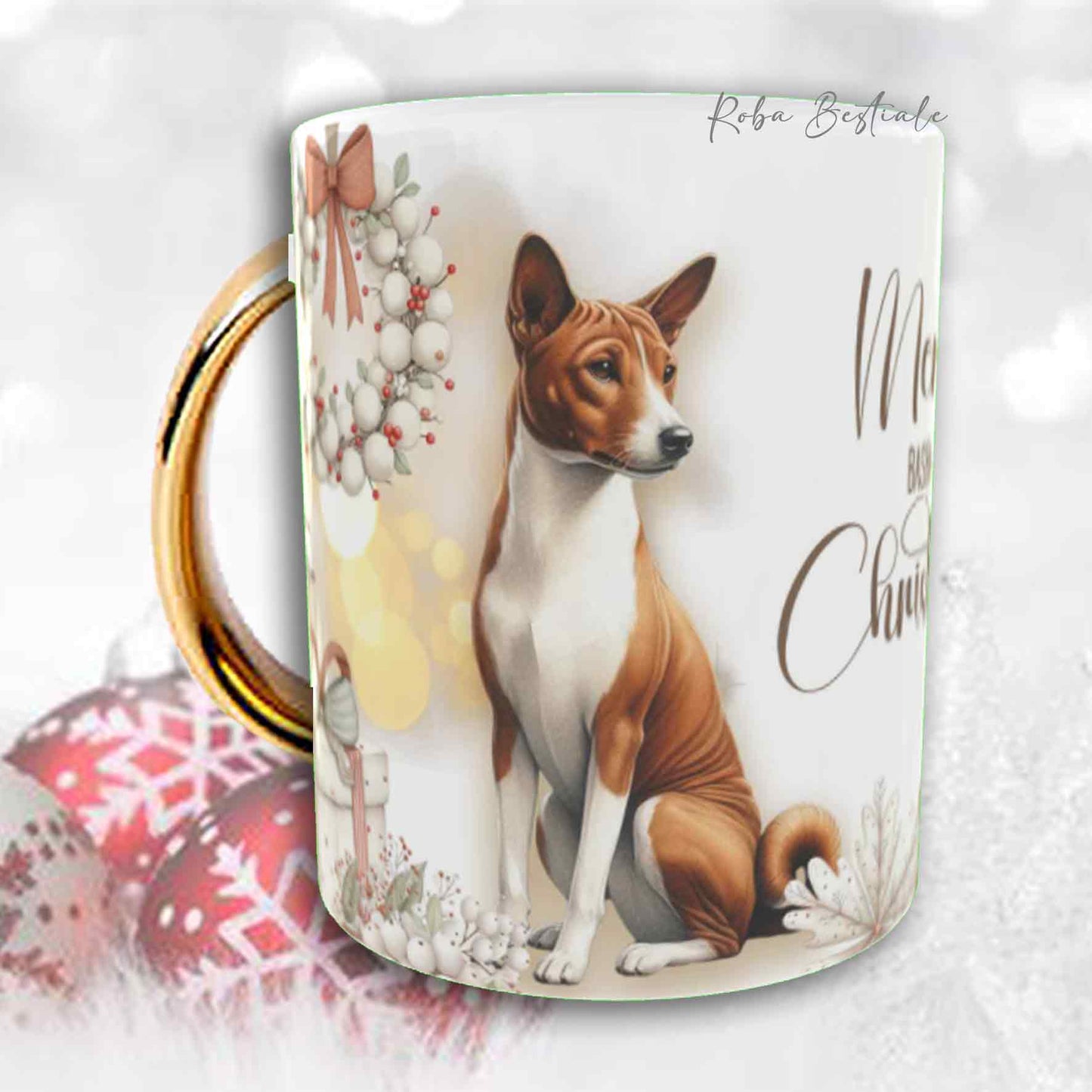 Tazza COZY WINTER - BASENJI - In Ceramica, con manico color Oro - 330 ml