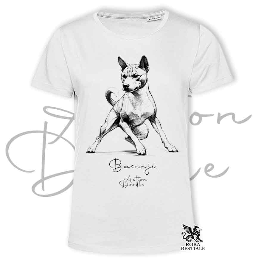 T-Shirt ACTION DOODLE - BASENJI - Bianca o Beige, da Uomo o da Donna - dalla XS alla 5XL