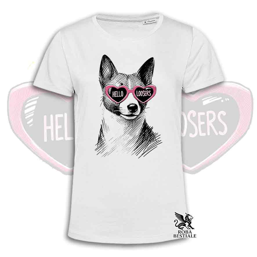T-Shirt HELLO LOOSERS - BASENJI - Bianca o Beige, da Uomo o da Donna - dalla XS alla 5XL