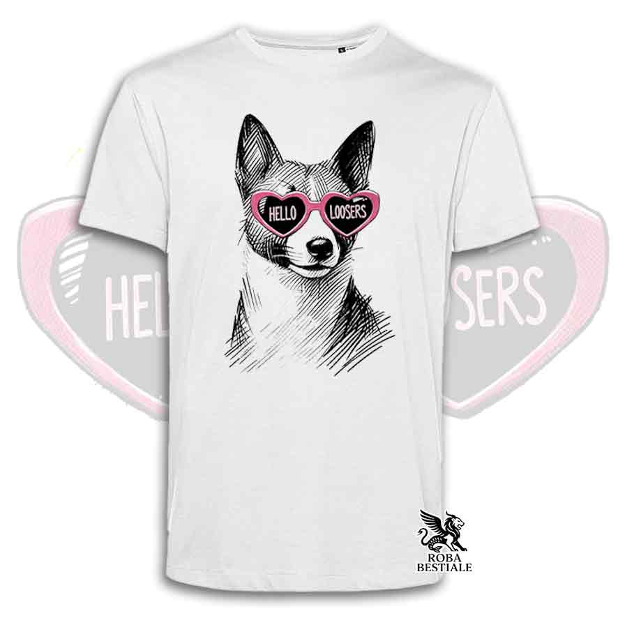 T-Shirt HELLO LOOSERS - BASENJI - Bianca o Beige, da Uomo o da Donna - dalla XS alla 5XL