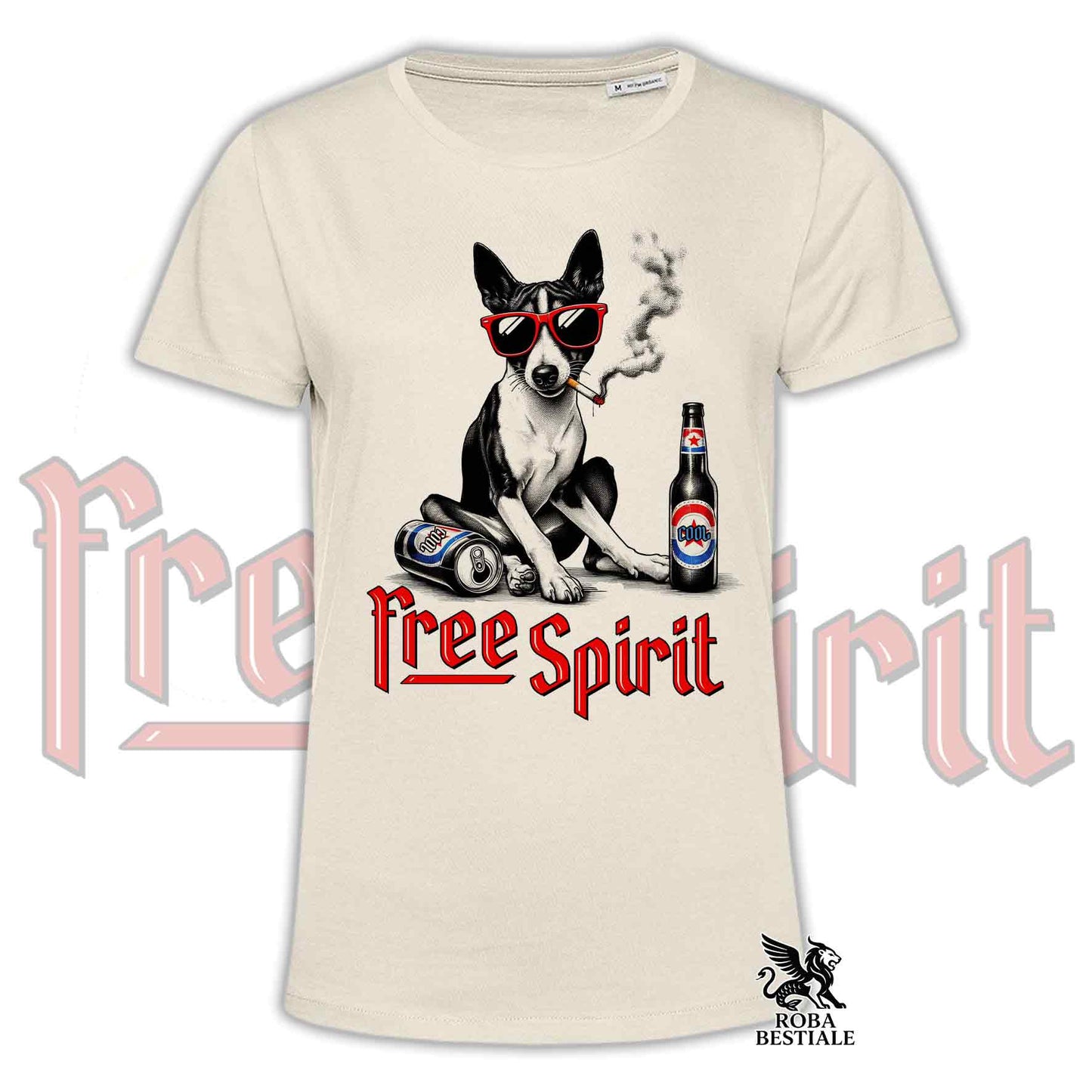 T-Shirt FREE SPIRIT - BASENJI - Bianca o Beige, da Uomo o da Donna - dalla XS alla 5XL