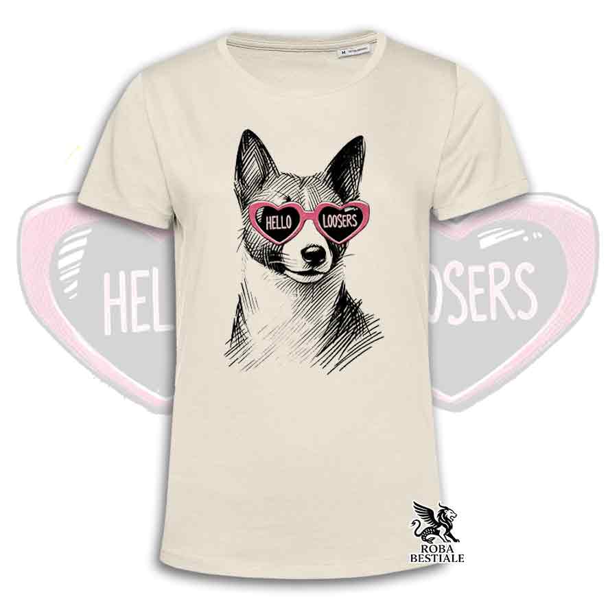 T-Shirt HELLO LOOSERS - BASENJI - Bianca o Beige, da Uomo o da Donna - dalla XS alla 5XL