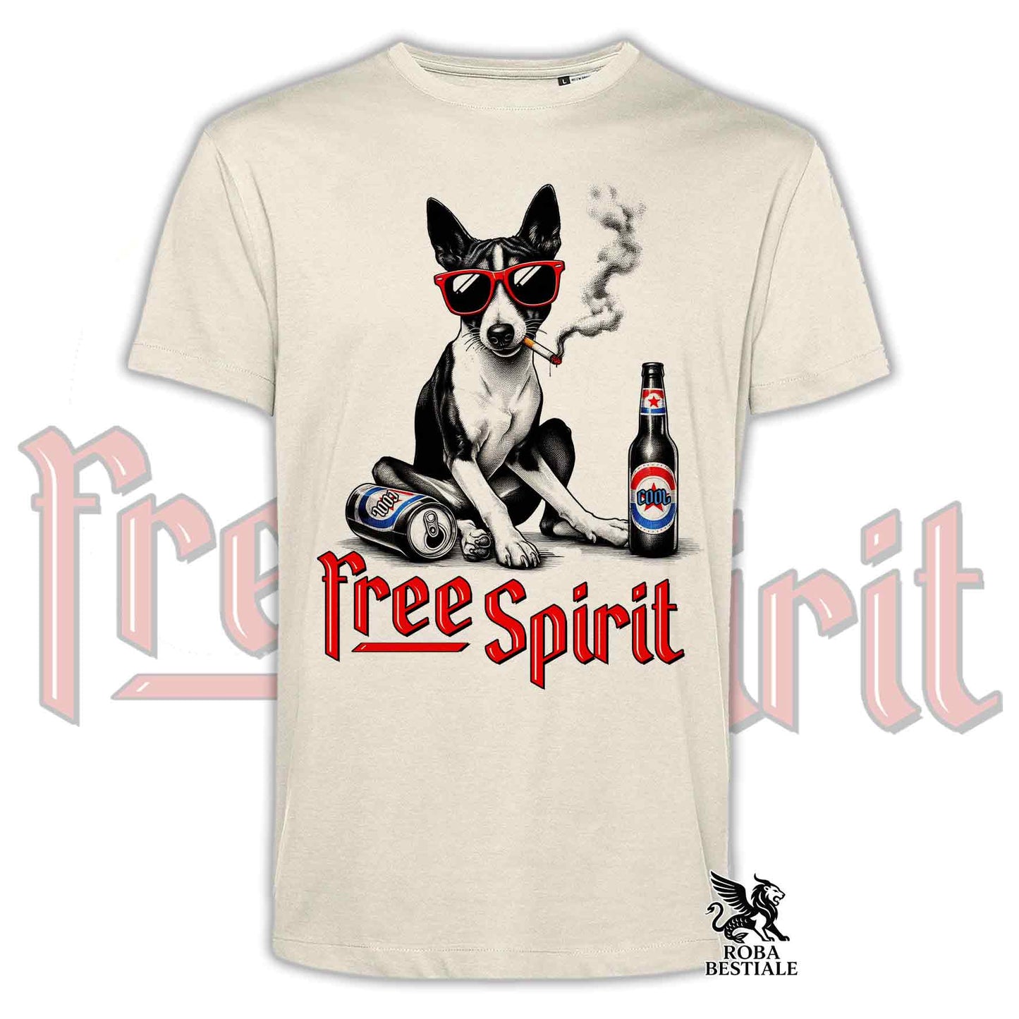 T-Shirt FREE SPIRIT - BASENJI - Bianca o Beige, da Uomo o da Donna - dalla XS alla 5XL