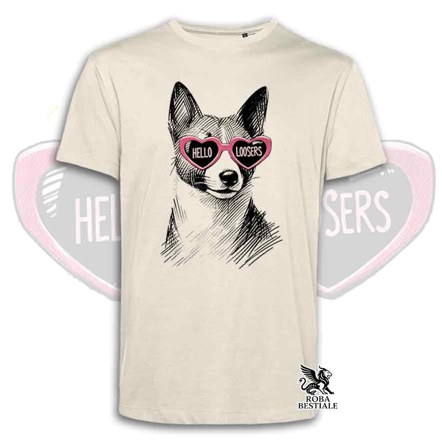 T-Shirt HELLO LOOSERS - BASENJI - Bianca o Beige, da Uomo o da Donna - dalla XS alla 5XL