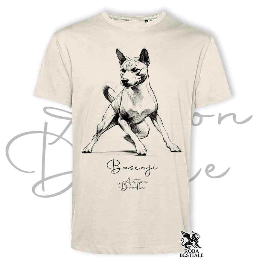 T-Shirt ACTION DOODLE - BASENJI - Bianca o Beige, da Uomo o da Donna - dalla XS alla 5XL