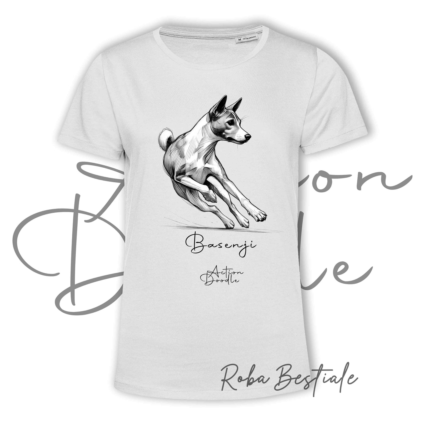 T-Shirt ACTION DOODLE - BASENJI 1 - 100% Cotone, Bianca, Uomo o Donna - dalla XS alla 5XL