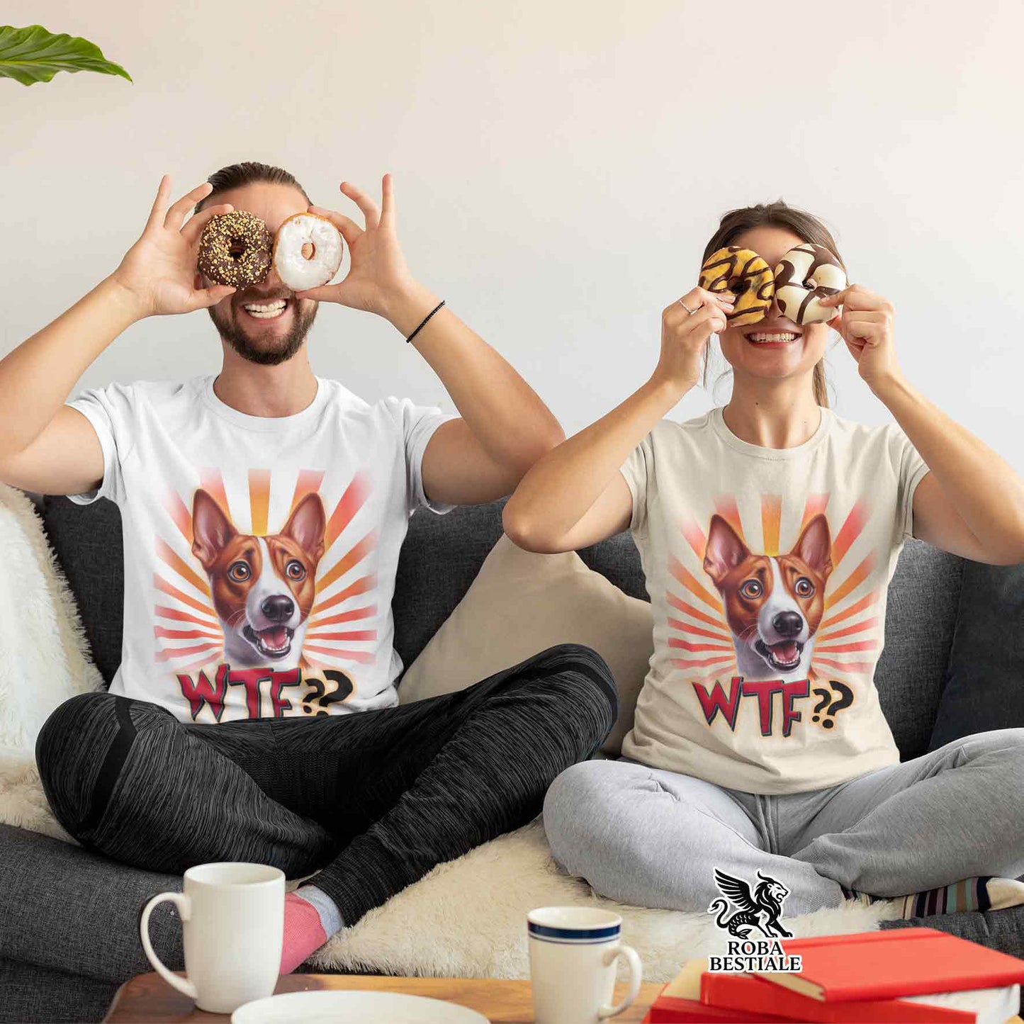 T-Shirt WTF?? - BASENJI Bianco e Rosso - Bianca o Beige, da Uomo o da Donna - dalla XS alla 5XL