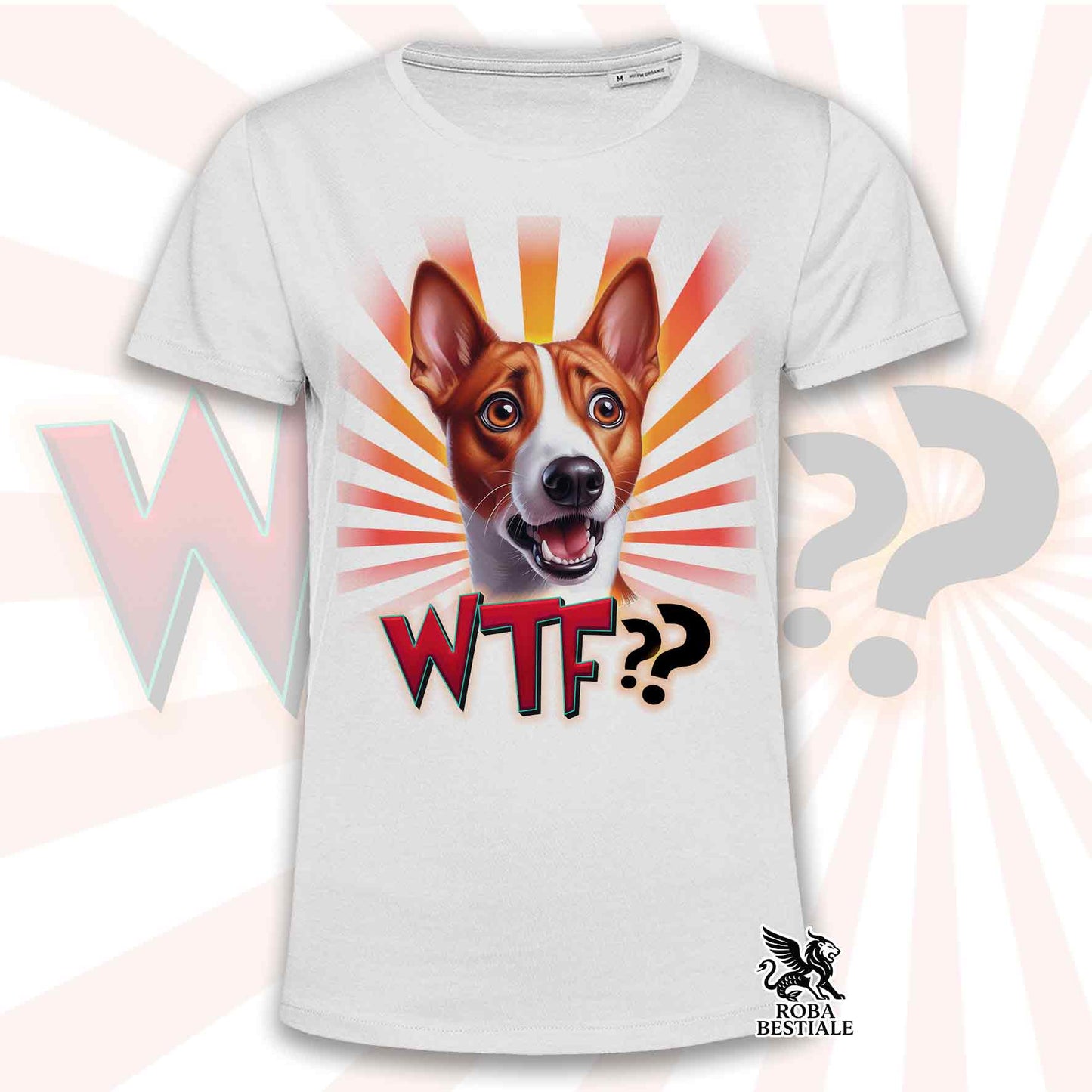 T-Shirt WTF?? - BASENJI Bianco e Rosso - Bianca o Beige, da Uomo o da Donna - dalla XS alla 5XL
