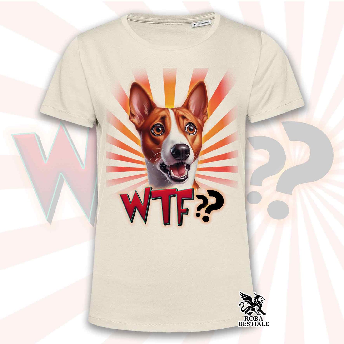 T-Shirt WTF?? - BASENJI Bianco e Rosso - Bianca o Beige, da Uomo o da Donna - dalla XS alla 5XL