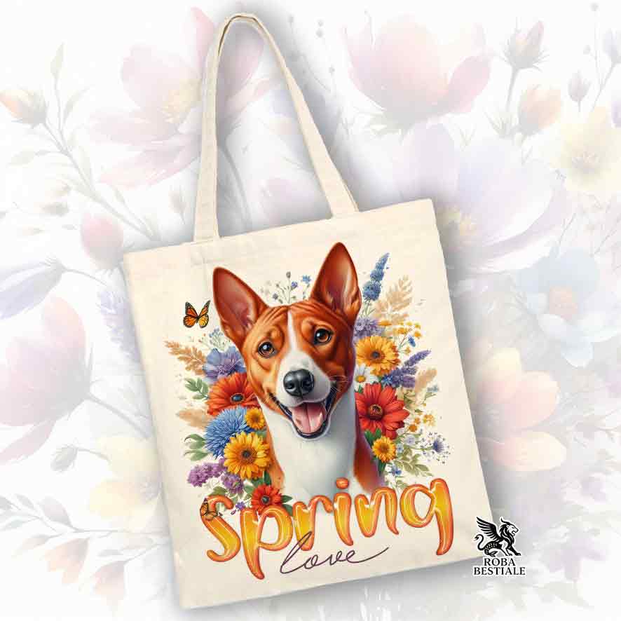 Tote Bag SPRING LOVE - BASENJI Red and White - 100% Cotton - White or Beige