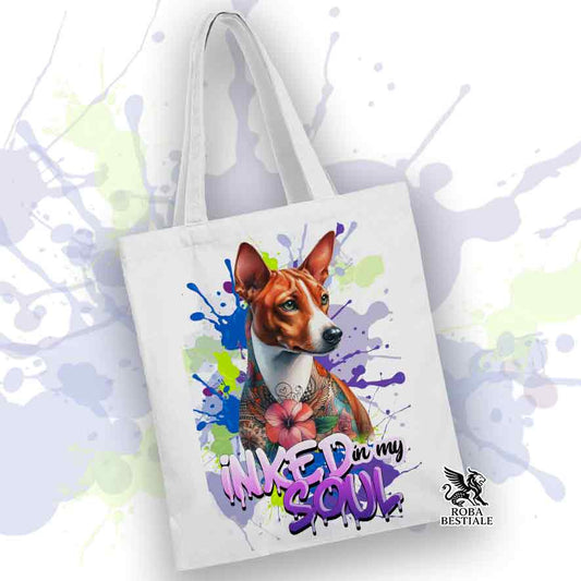 Tote Bag INKED SOUL - BASENJI Rosso e Bianco - 100% Cotone - Bianca o Beige